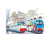 Trains at railway station, Genoa, Liguria, Italy