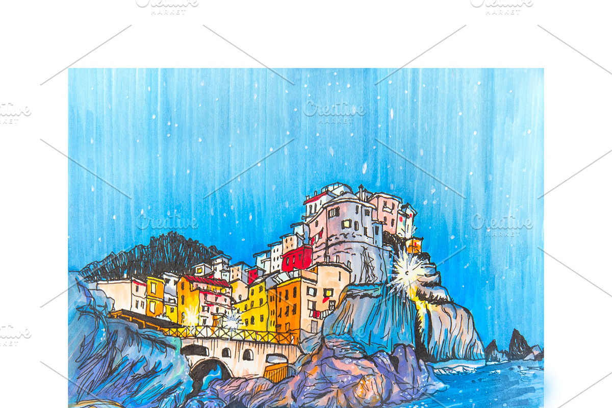 Colorful houses and sea in Manarola, Ligury, Italy in Illustrations - product preview 8