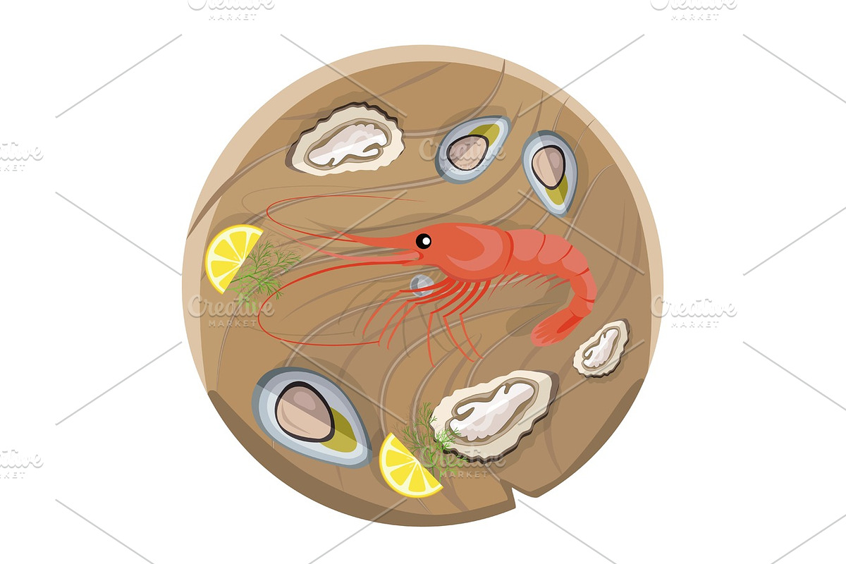 King Shrimp and Fresh Raw Oysters on Wooden Tray in Illustrations - product preview 8