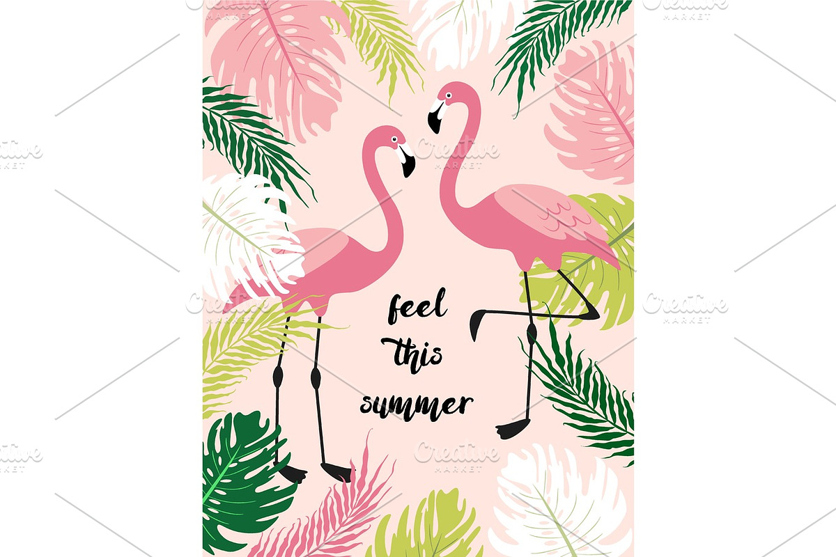Cute exotic tropical background with cartoon characters of two pink flamingos in Illustrations - product preview 8