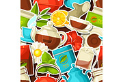 Seamless pattern with tea and accessories, packs and kettles