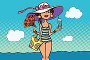 retro woman on sea beach holidays