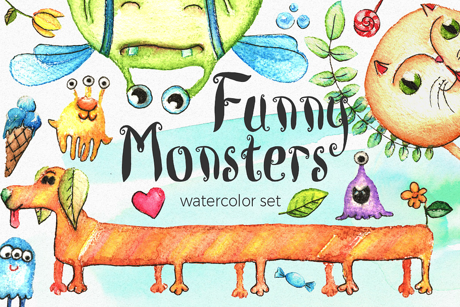 Watercolor Funny Monsters Set
