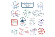 Vector icons of world travel city passport stamps
