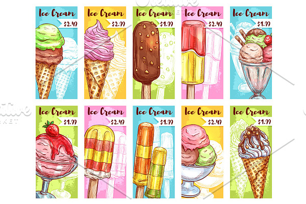 Ice cream vector price cards for fresh desserts