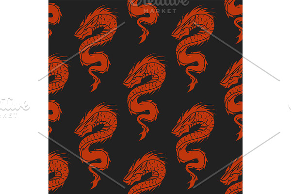 Chinese dragon silhouettes tattoo mythology seamless pattern tail monster magic icon asian animal art vector illustration.
