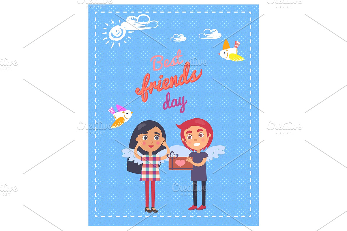 Friends Day Card with Boy Giving Present Girl in Illustrations - product preview 8