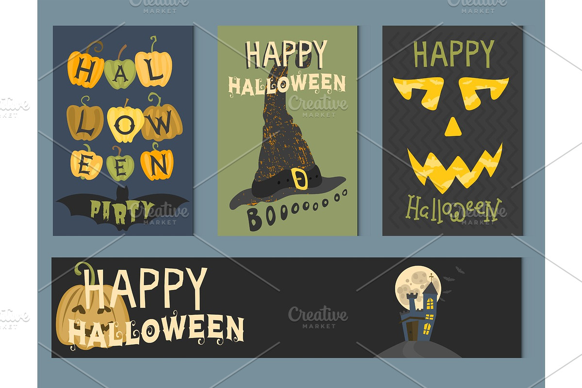 Set of happy halloween greeting card vector illustration party invitation design with spooky emblem. in Illustrations - product preview 8