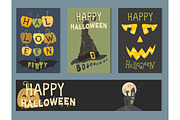 Set of happy halloween greeting card vector illustration party invitation design with spooky emblem.