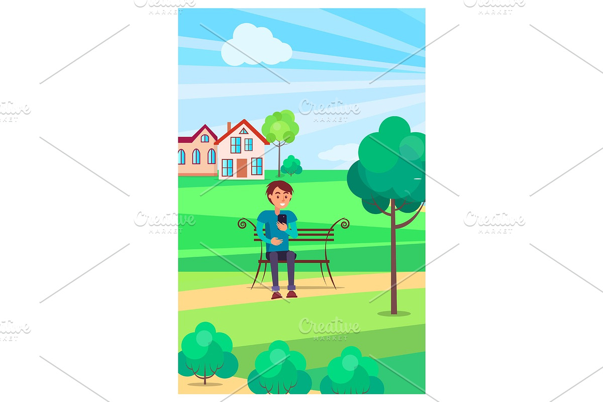 Boy Sits on Bench with Smartphone in Green Park in Illustrations - product preview 8