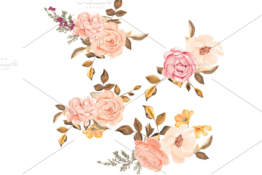 Watercolor Blush Gold Roses Clip Art in Illustrations - product preview 8