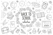Back to school set of icons, line style. Education collection of doodle design elements, outline. Coloring page for children, kids. Isolated on white background. Vector illustration, clip-art.