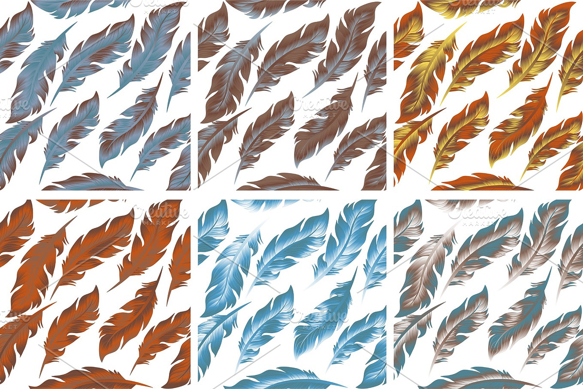 Feathers Bird seamless pattern set. Retro, doodle style. Feather endless background, texture, backdrop. Vector illustration. in Illustrations - product preview 8