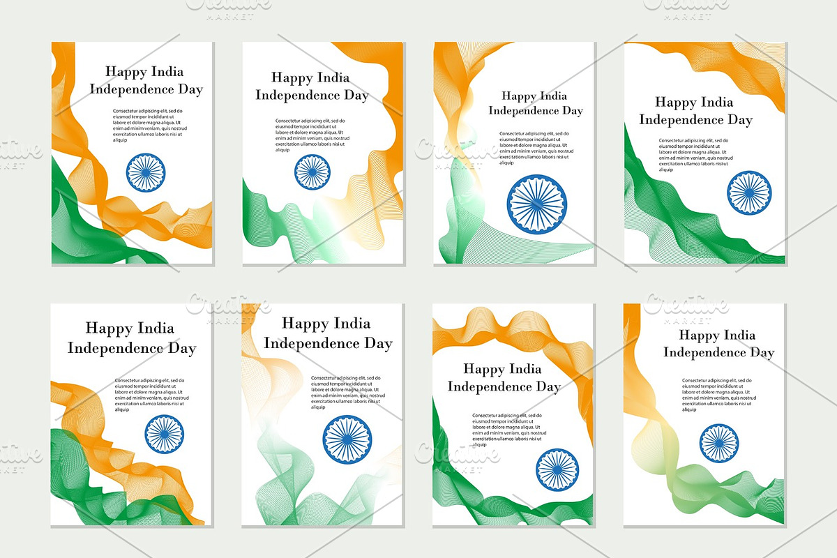 Independence Day India. Set of templates, brochures, flyers for your design in the colors of the national flag of India. Vector illustration. in Illustrations - product preview 8