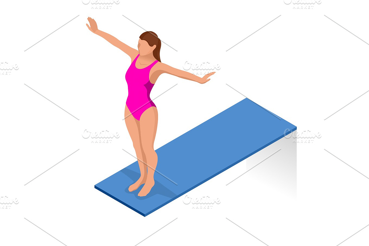 Isometric people diving into water in to the swimming pool, diver. Female swimmer, that jumping and diving into indoor sport swimming pool. Sporty woman. in Illustrations - product preview 8