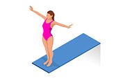 Isometric people diving into water in to the swimming pool, diver. Female swimmer, that jumping and diving into indoor sport swimming pool. Sporty woman.