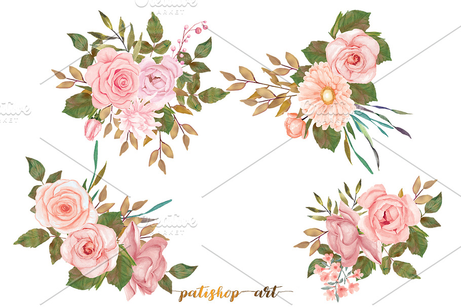 Watercolor Blush Gold Rose Clip Art in Illustrations - product preview 8