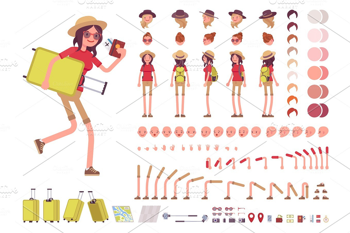 Tourist woman with luggage, wearing travel outfit. Character creation set in Illustrations - product preview 8