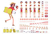 Tourist woman with luggage, wearing travel outfit. Character creation set