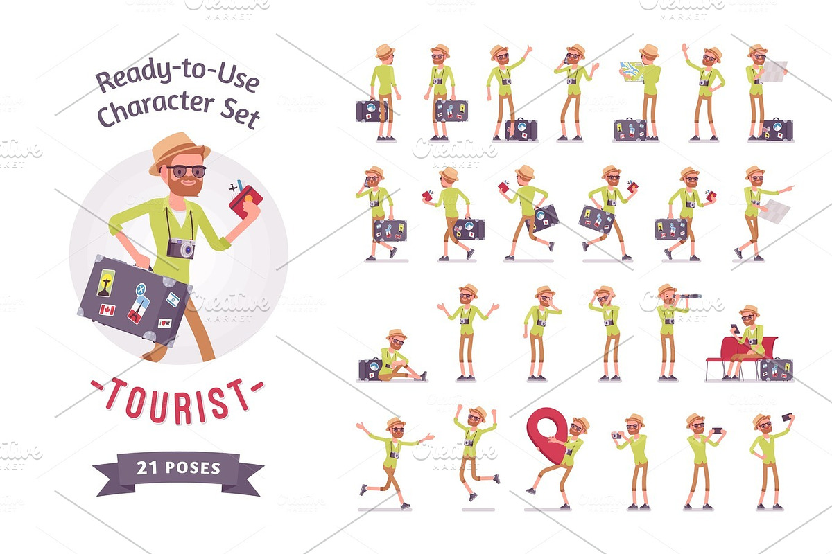 Tourist man with luggage character set, various poses and emotions in Illustrations - product preview 8
