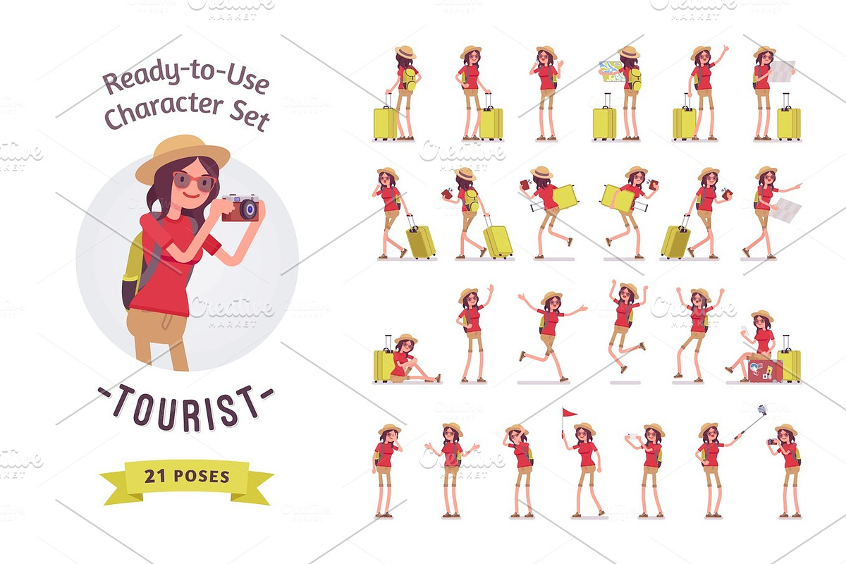 Tourist woman with luggage character set, various poses and emotions in Illustrations - product preview 8