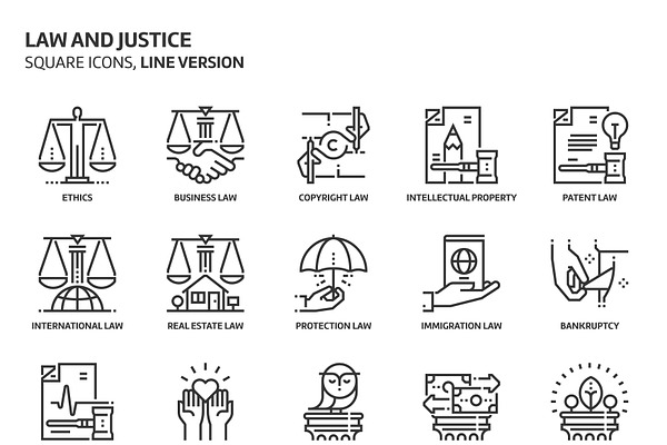 Law and justice, square icons