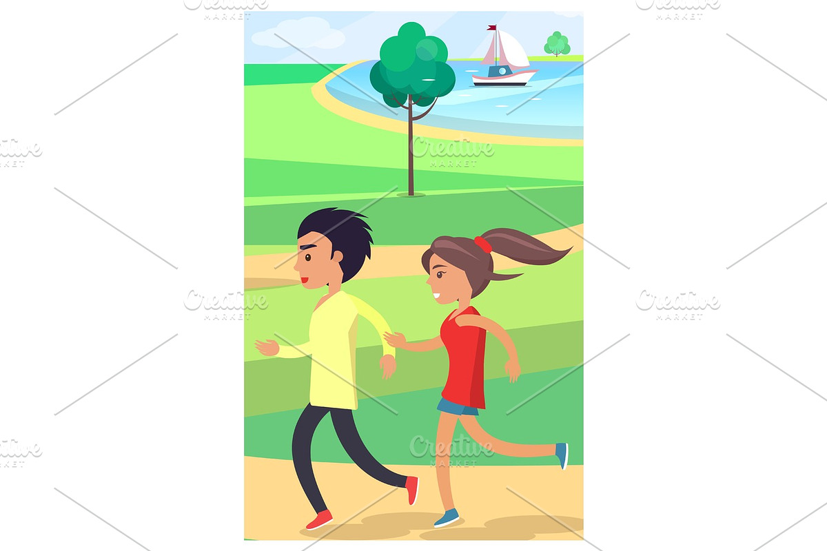 Boy and Girl Jog at Park along Path Near Pond in Illustrations - product preview 8
