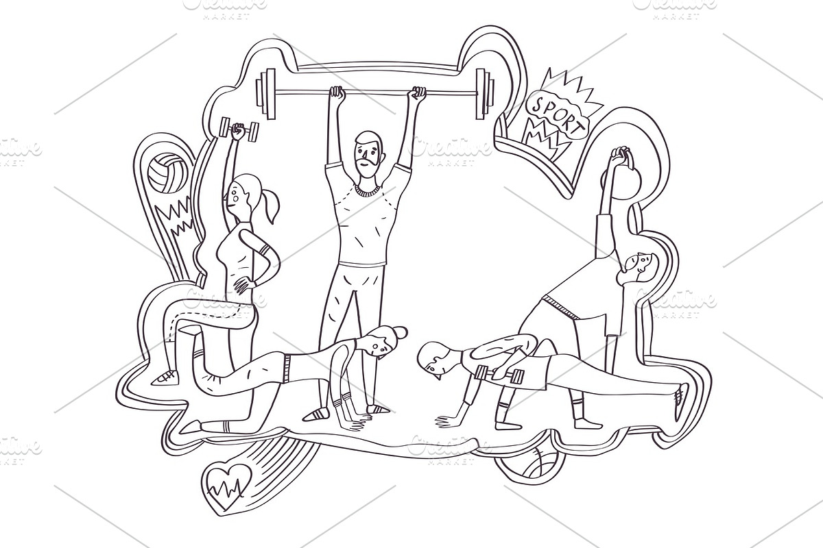 Group of athletes working with weights and kettlebells lifting barbells. in Illustrations - product preview 8