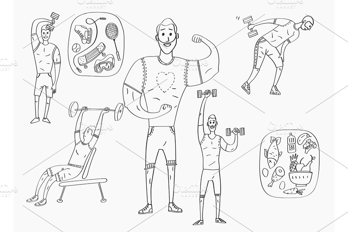 People workout with sports equipments, exercises with dumbbells healthy lifestyle and proper nutrition in Illustrations - product preview 8