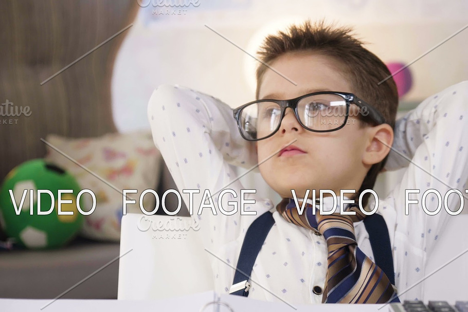 Small child boy in white shirt and tie images he is smart boss working with papers and calculator in Graphics - product preview 8