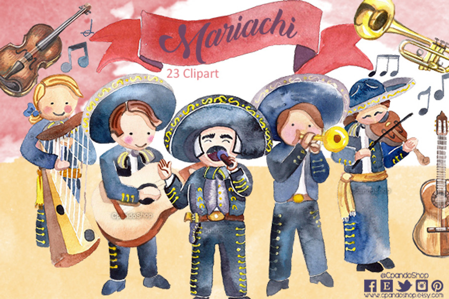 Mariachi watercolor clip art in Illustrations - product preview 8