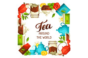 Tea around the world. Illustration with tea and accessories, packs and kettles