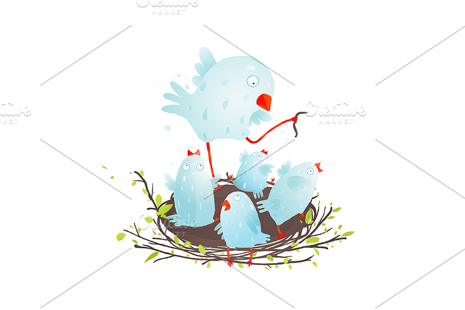 Mother Bird in Nest Feeding her Baby in Illustrations - product preview 8