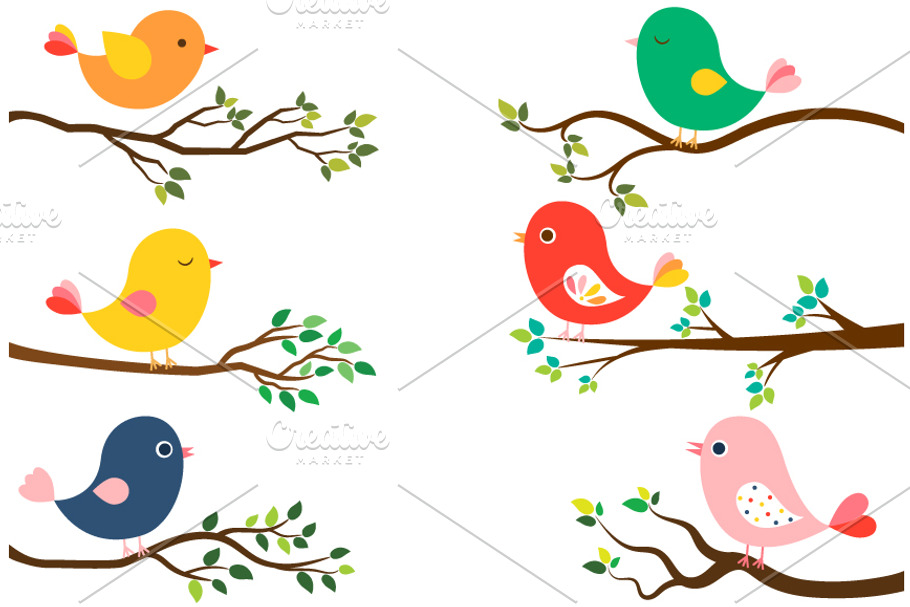Cute birds and tree branches clipart