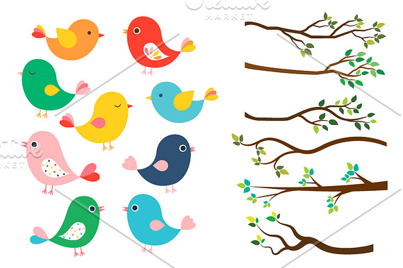 Cute birds and tree branches clipart in Illustrations - product preview 1