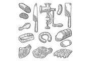 Set meat products and kitchen equipment. Vintage black vector engraving