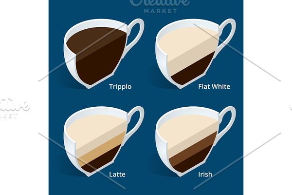 Four isometric cups of coffee in a cut Tripplo, Flat White, Latte, Irish. Coffee collection isolated on blue. Perfect for menu. Different coffee drinks.