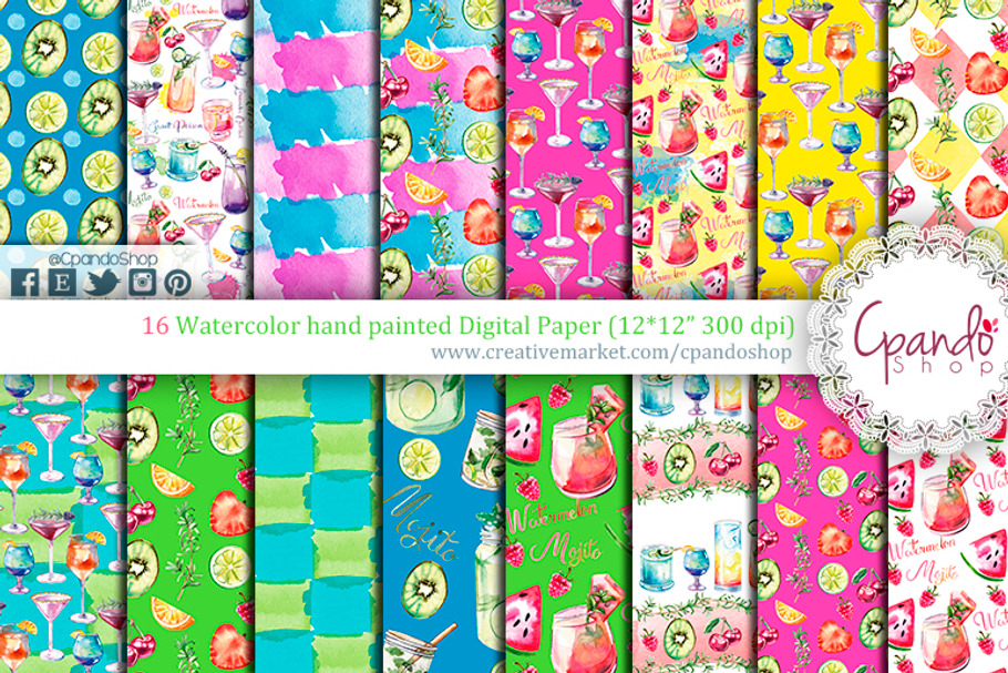 Cocktails watercolor digital paper in Patterns - product preview 8