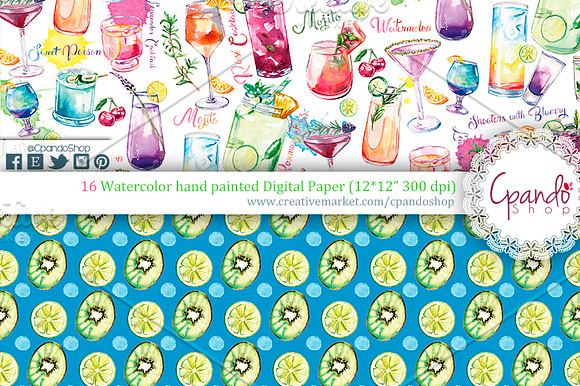 Cocktails watercolor digital paper in Patterns - product preview 1