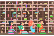 Children in Library Read Books Beside Bookcase