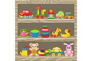 Colorful Childrens Toys Stand on Wooden Shelf