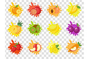 Fruits splash set of labels. Fruit splashes, drops emblem.Isolated on a transparent background. Splash and blot kit. Vector illustration.