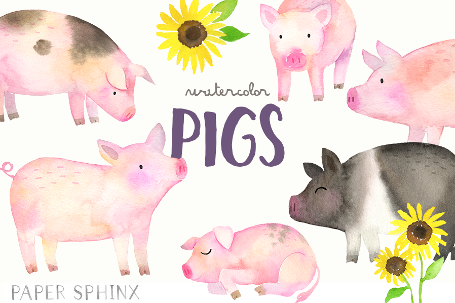 Watercolor Pigs Clipart Pack