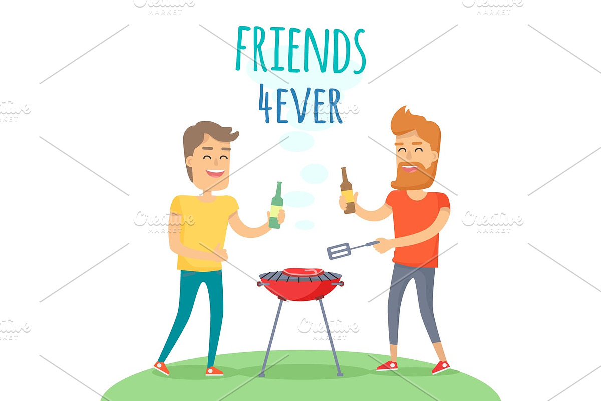Two Man Fried Meat on Barbecue Friends Forever in Illustrations - product preview 8