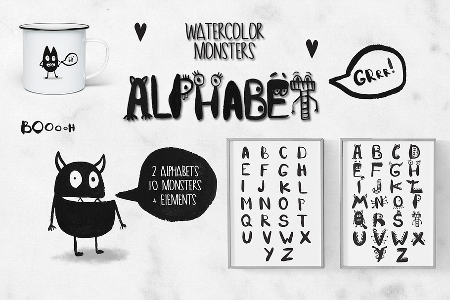 Watercolor monsters Alphabet