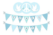 Festive bunting with letters for International Day of Peace in traditional light blue colors