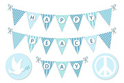 Festive bunting with letters for International Day of Peace in traditional light blue colors