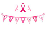 Pink bunting Breast Cancer Awareness and pink ribbons isolated on white background
