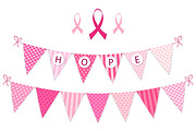 Pink bunting Breast Cancer Awareness and pink ribbons isolated on white background
