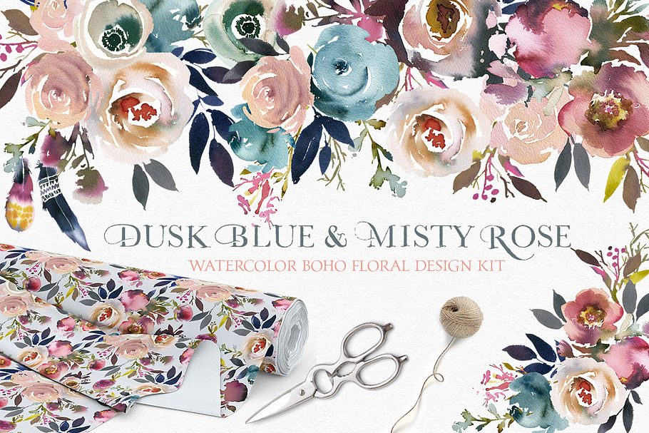 Dusk Blue & Misty Rose Boho Flowers